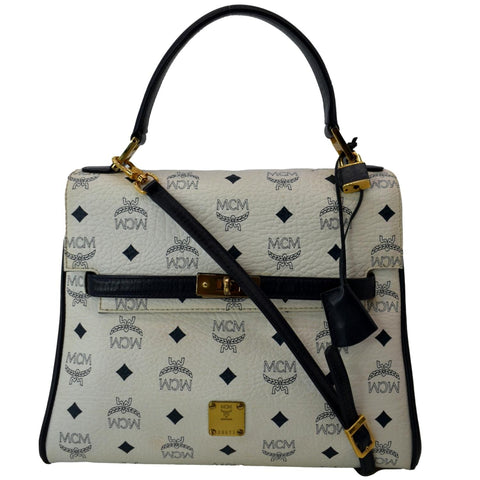 MCM Mini Kelly Visetos Coated Canvas Shoulder Bag White
