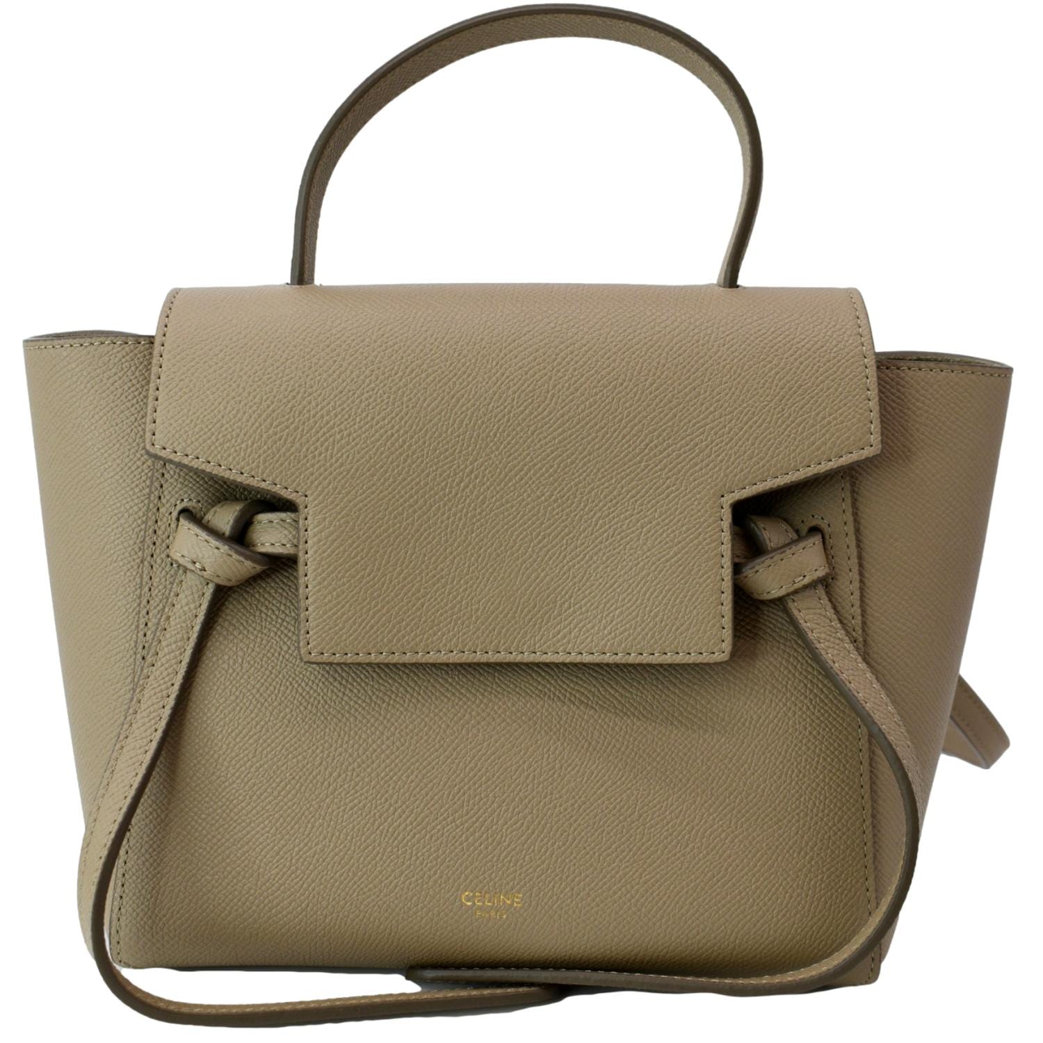 CELINE Mini Belt Grained Leather 2Way Shoulder Bag Taupe