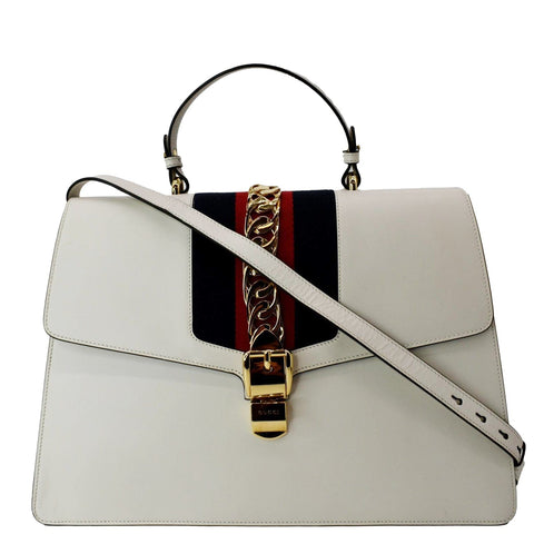 GUCCI Maxi Sylvie Calfskin Leather Top Handle Shoulder Bag White 477631