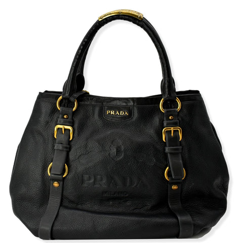 PRADA Vitello Daino Logo Embossed Leather Hobo Bag Black
