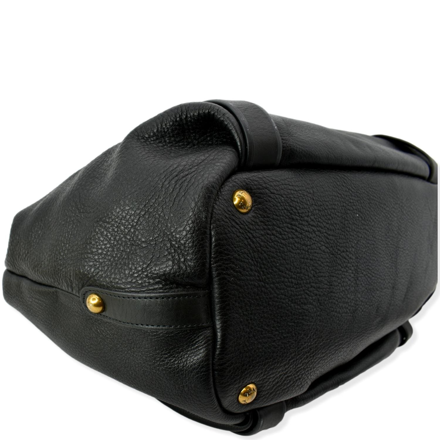 PRADA Vitello Daino Logo Embossed Leather Hobo Bag Black