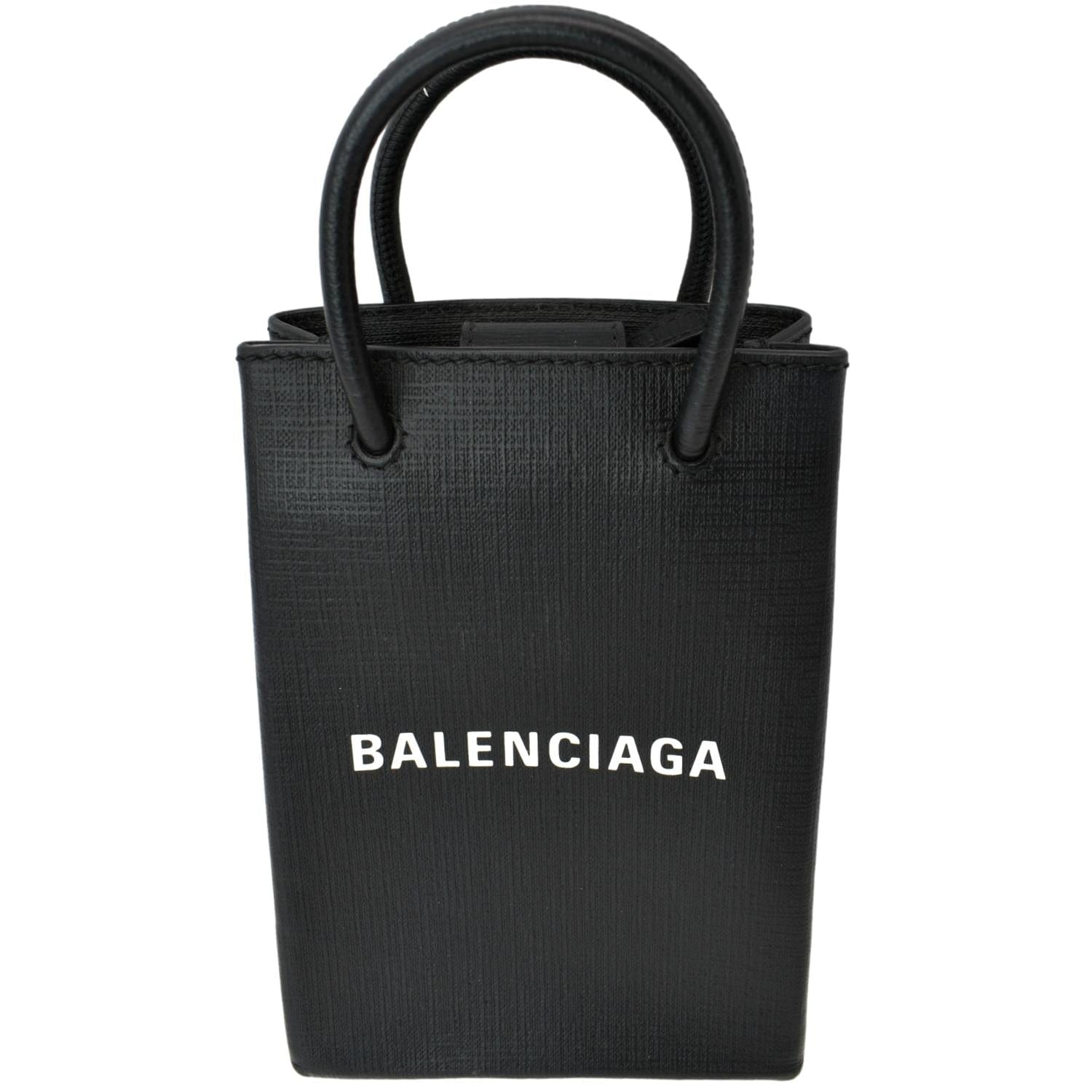 BALENCIAGA Leather Phone Holder Shopping Tote Shoulder Bag Black