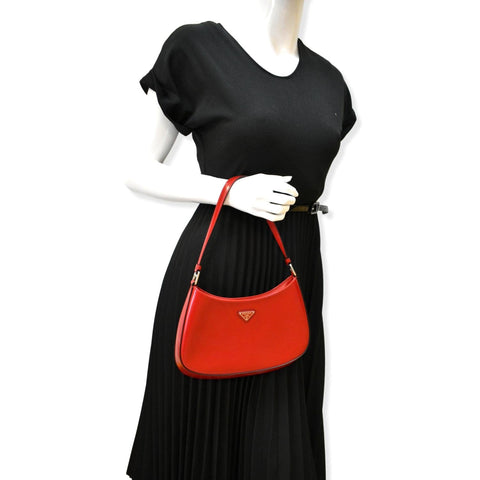 PRADA Cleo Brushed Leather Shoulder Bag Scarlet