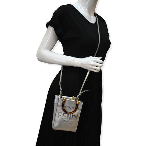 FENDI Mini Sunshine Plexiglass Laminated Leather Shopper Tote Crossbody Bag Silver - Hot Deals