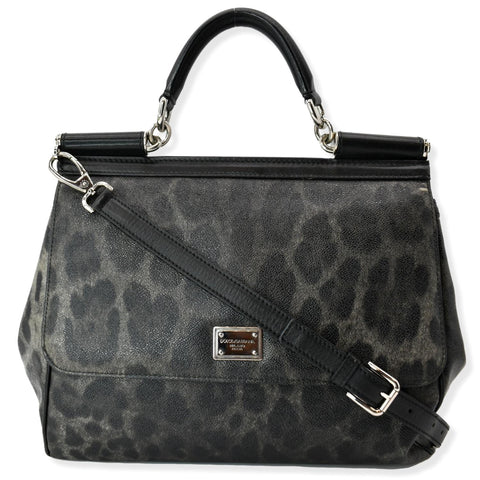 DOLCE & GABBANA Miss Sicily Leopard Print Leather Shoulder Bag Black