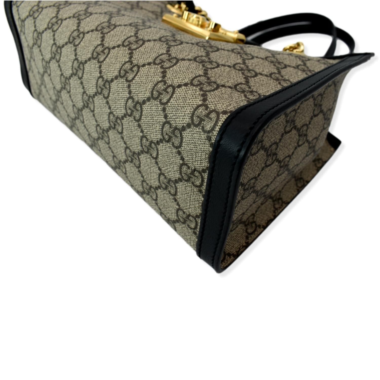 Gucci Black/Beige GG Supreme Canvas Small Padlock Bamboo Top Handle Bag  Gucci