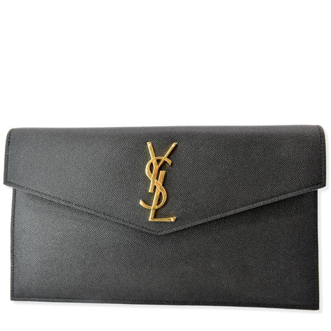 YVES SAINT LAURENT Uptown Envelope Grain De Poudre Leather Clutch Black
