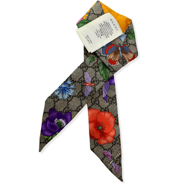 GUCCI Floral Print Monogram Silk Twilly Scarf Multicolor
