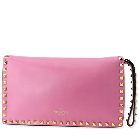 VALENTINO Rockstud Leather Clutch Bag Pink