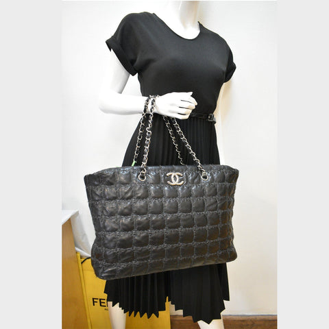 CHANEL GST Tweed Double Stitch Lambskin Leather Tote Bag Black