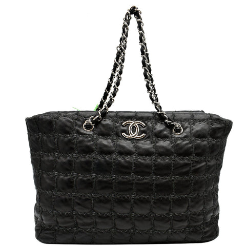 CHANEL GST Tweed Double Stitch Lambskin Leather Tote Bag Black