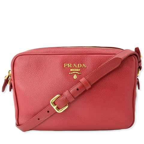PRADA Double Zip Camera Leather Shoulder Bag Red