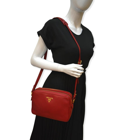 PRADA Double Zip Camera Leather Shoulder Bag Red