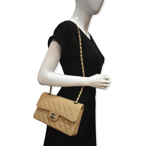 CHANEL Classic Double Flap Medium Leather Shoulder Bag Camel Beige