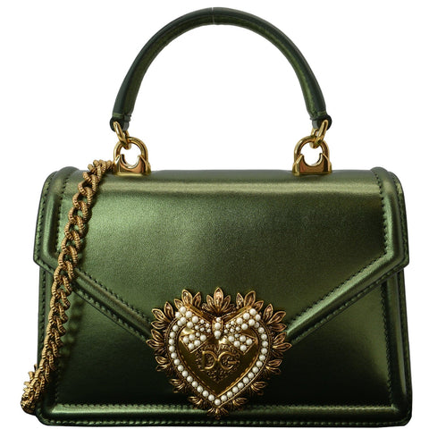 DOLCE & GABBANA Small Devotion Nappa Mordore Leather Top Handle Shoulder Bag Green - 10% Off
