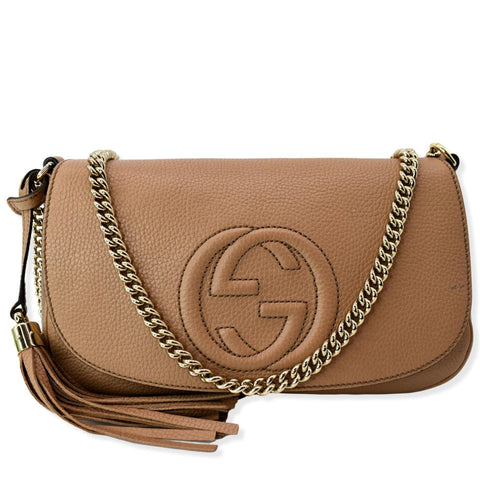 GUCCI Soho GG Flap Leather Chain Crossbody Bag Rose Beige 536224