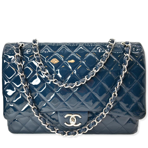 CHANEL Classic Maxi Double Flap Quilted Patent Leather Shoulder Bag Marine