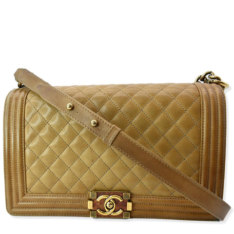 CHANEL Medium Boy Flap Leather Shoulder Bag Beige