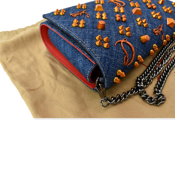 CHRISTIAN LOUBOUTIN Paloma Denim Patent Pearl Spikes Crossbody Bags Dark Blue