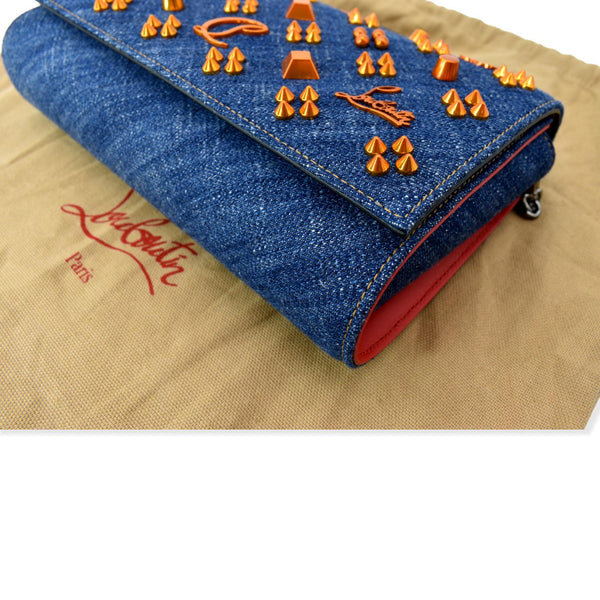 CHRISTIAN LOUBOUTIN Paloma Denim Patent Pearl Spikes Crossbody Bags Dark Blue