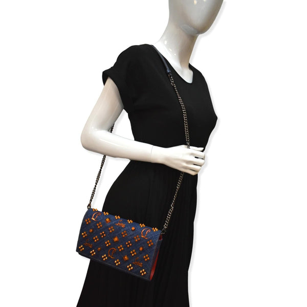 CHRISTIAN LOUBOUTIN Paloma Denim Patent Pearl Spikes Crossbody Bags Dark Blue