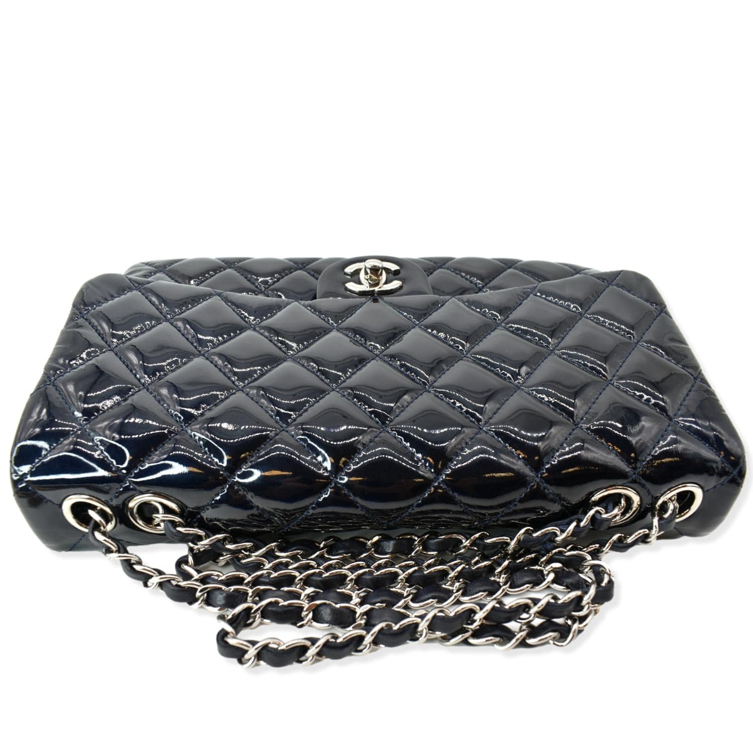 CHANEL Navy Quilted Patent Leather Accordion Flap Bag