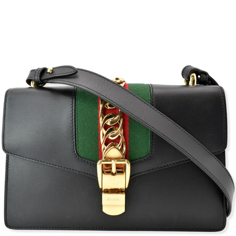 GUCCI Sylvie Small Leather Shoulder Bag Black
