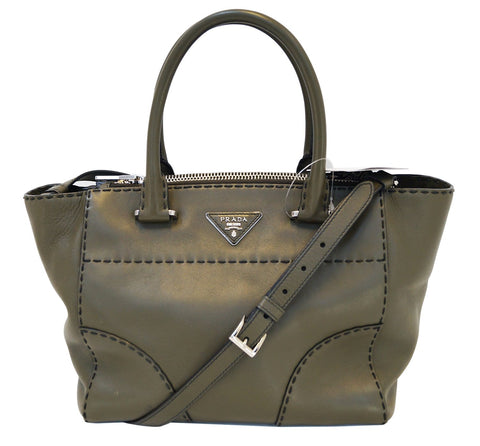 PRADA City Calf Leather Medium Topstitched Twin-Pocket Tote Bag - Final Call