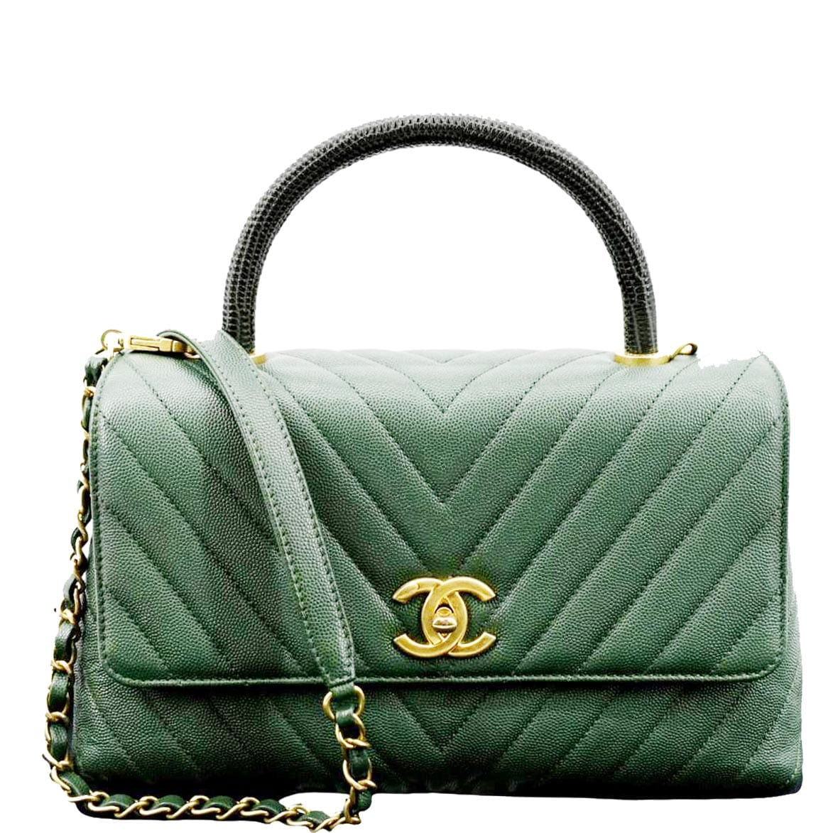 CHANEL CC Caviar Leather Top Handle Flap Shoulder Bag Green
