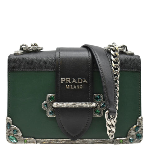 PRADA Cahier Swarovski Crystals Leather Shoulder Bag Green