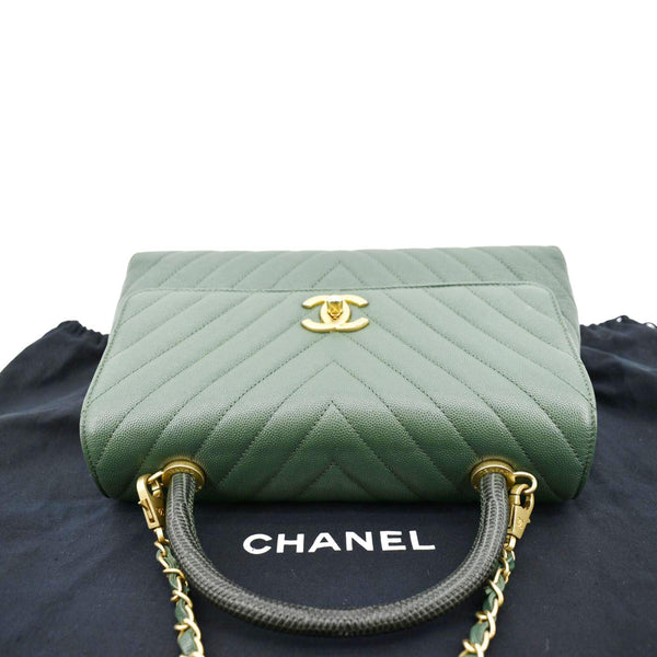 CHANEL CC Caviar Leather Top Handle Flap Shoulder Bag Green