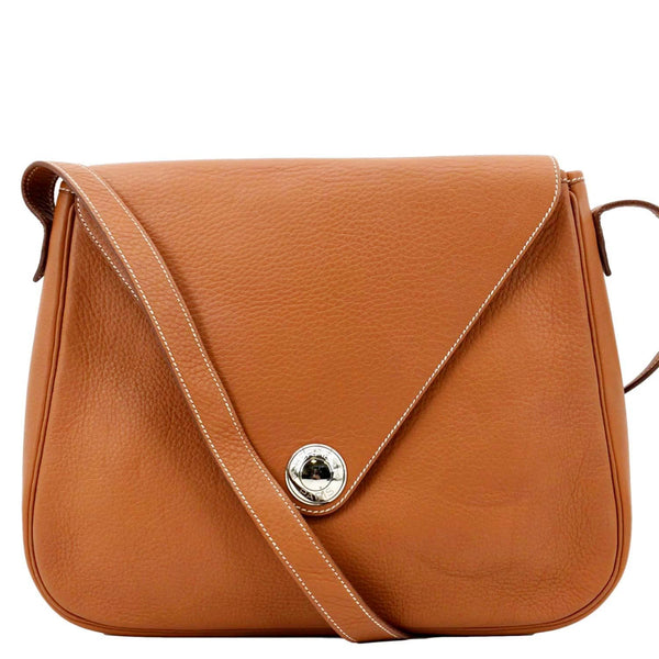 HERMES Christie Rhone Flap Clemence Leather Shoulder Bag Tan