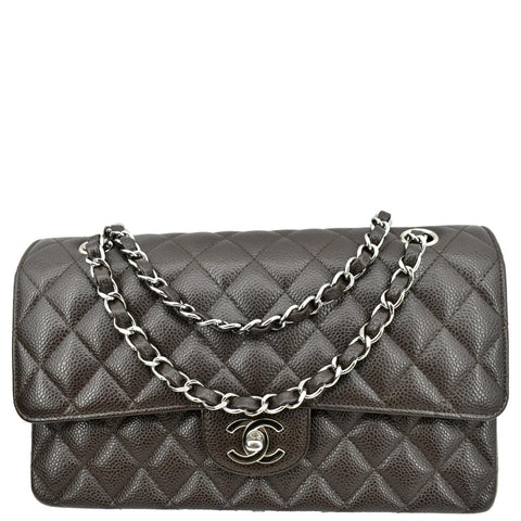 CHANEL Classic Medium Double Flap Caviar Leather Shoulder Bag Chocolate