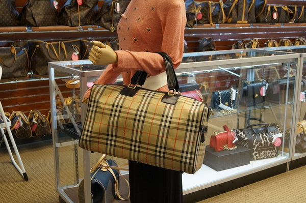 Burberry Nova Check Canvas Leather Black Beige Travel Bag