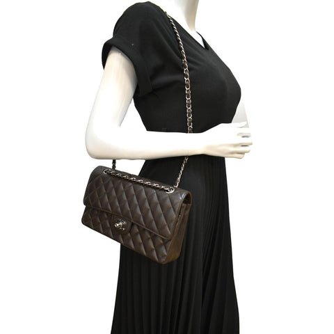 CHANEL Classic Medium Double Flap Caviar Leather Shoulder Bag Chocolate