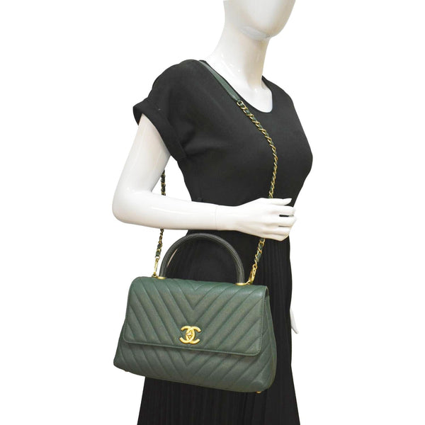 CHANEL CC Caviar Leather Top Handle Flap Shoulder Bag Green