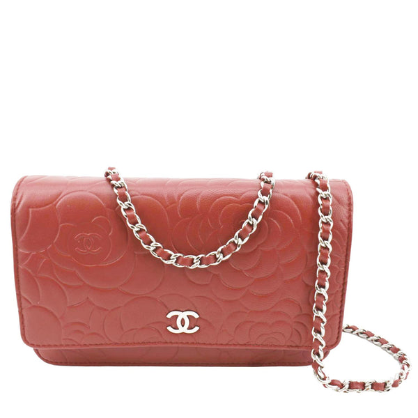 CHANEL Camellia Wallet On Chain Leather Woc Crossbody Bag Red