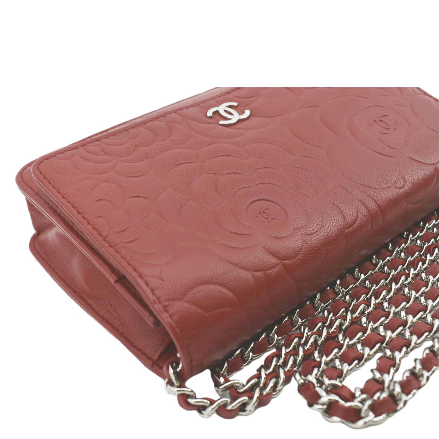 Chanel Red Camellia-Embossed Leather Wallet on Chain For Sale at