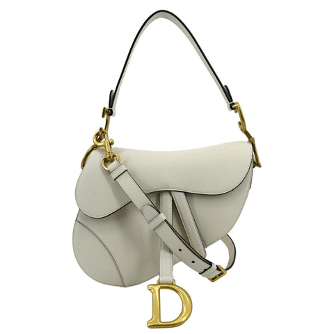 CHRISTIAN DIOR Saddle Grained Calfskin Leather Shoulder Bag Ivory
