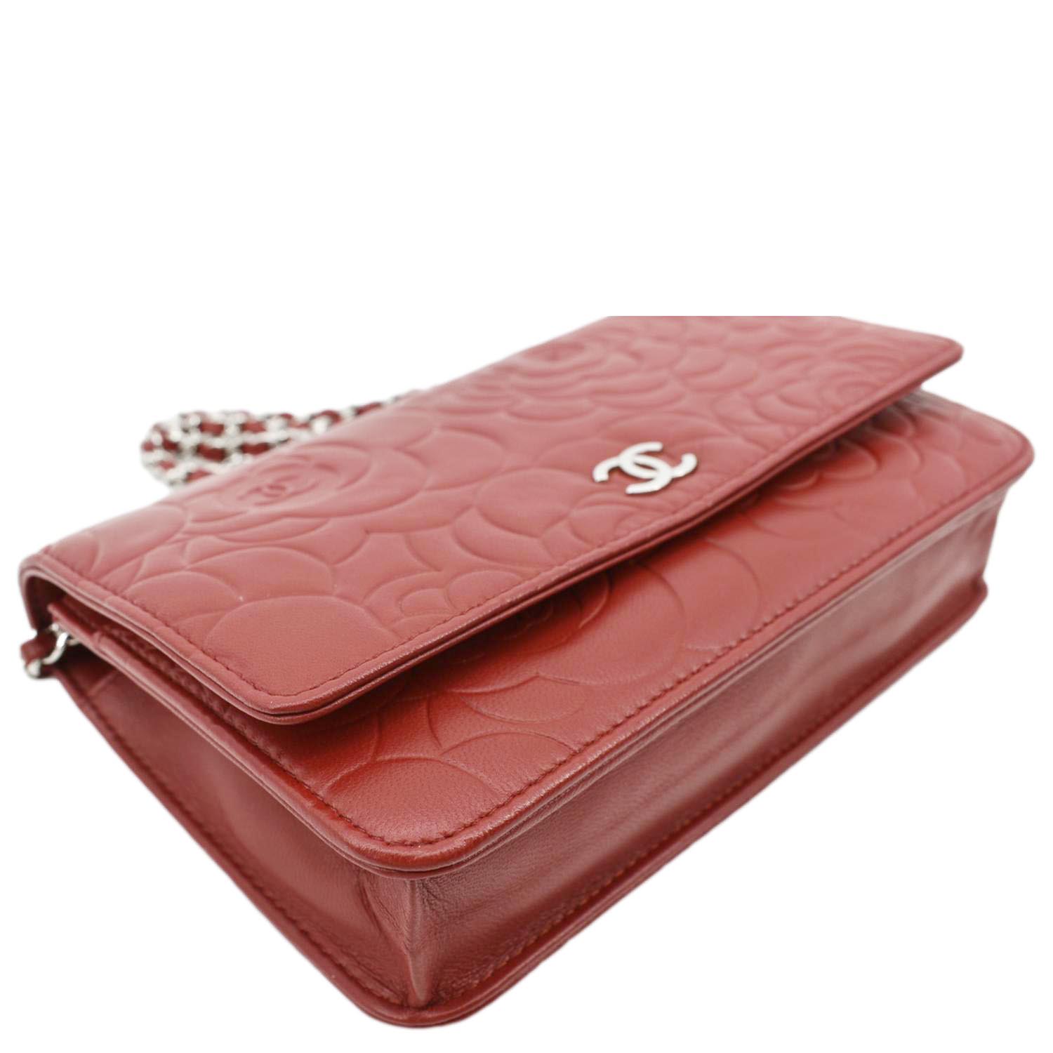 CHANEL Lambskin Camellia Embossed Wallet On Chain WOC Pink 708403