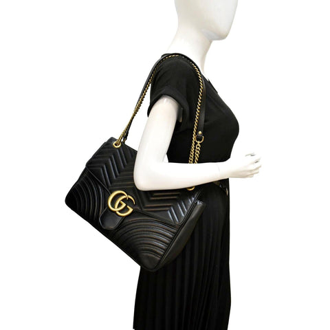 GUCCI GG Marmont Large Matelasse Leather Shoulder Bag Black 498090
