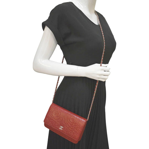 CHANEL Camellia Wallet On Chain Leather Woc Crossbody Bag Red