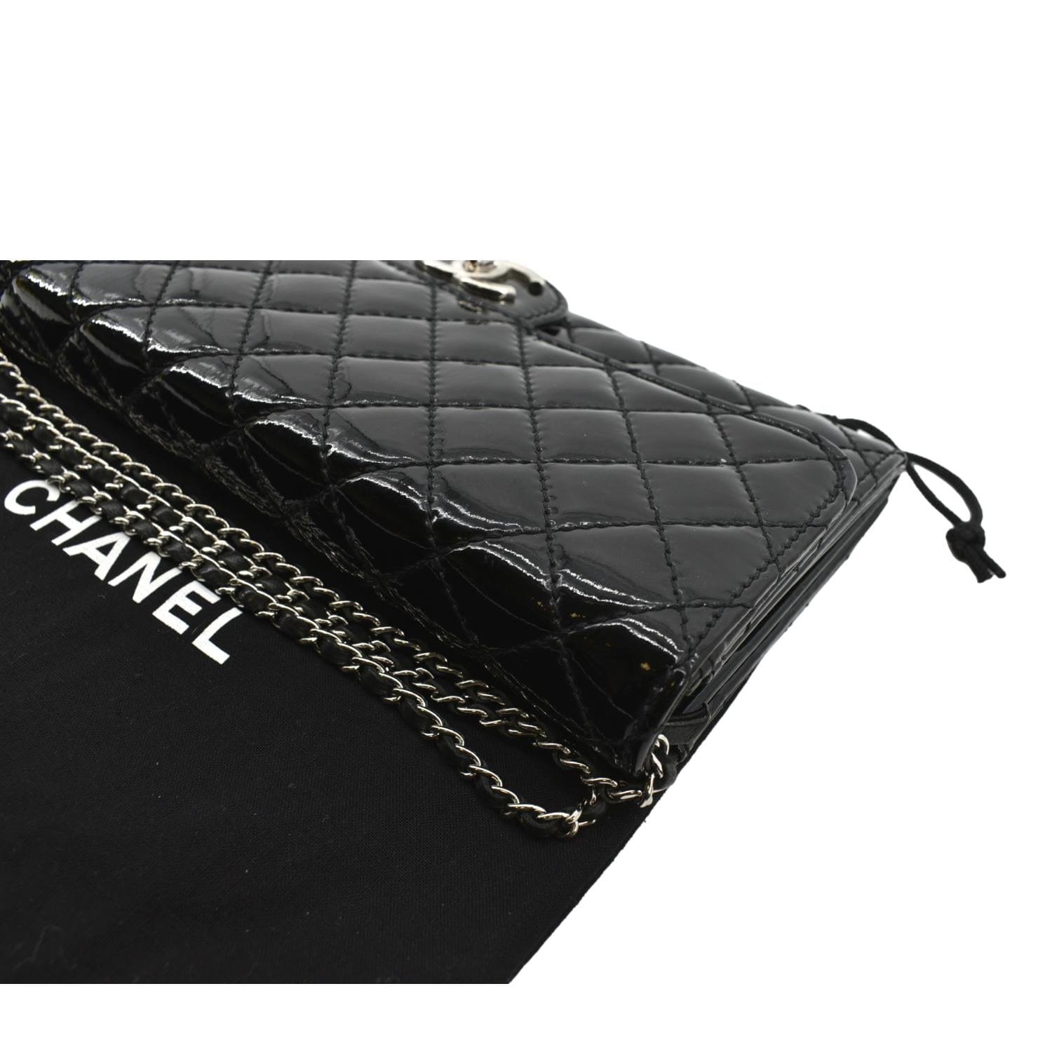 Chanel Black Quilted Patent WOC Wallet On Chain Silver Hardware