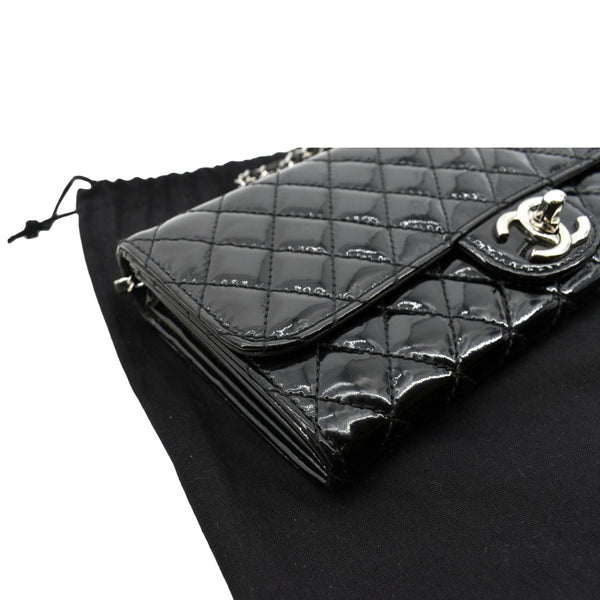 CHANEL VIVE Long Flap Quilted Patent Leather Chain Shoulder Bag Black