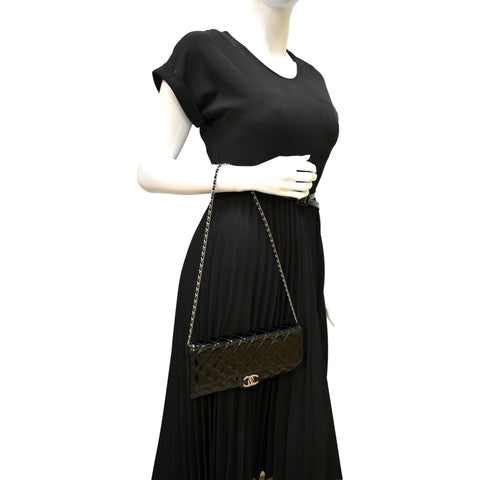 CHANEL Long Flap Quilted Patent Leather Chain Shoulder Bag Black