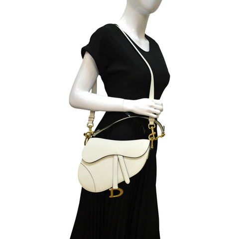 CHRISTIAN DIOR Saddle Grained Calfskin Leather Shoulder Bag Ivory