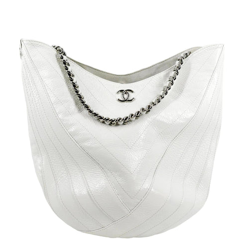 CHANEL Droplet Patent Leather Hobo Bag White