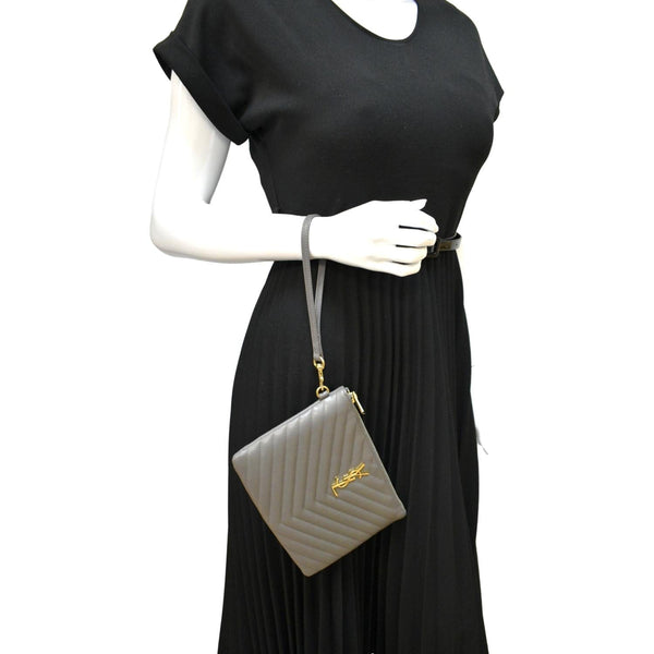 Yves Saint Laurent Monogram Leather Pouch Grey - Full View