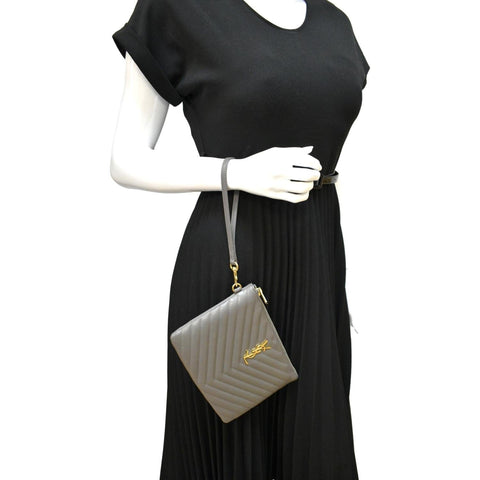 Yves Saint Laurent Monogram Leather Pouch Grey - Full View