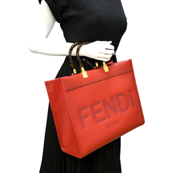 FENDI Sunshine Plexiglass Leather Shoulder Tote Bag Red